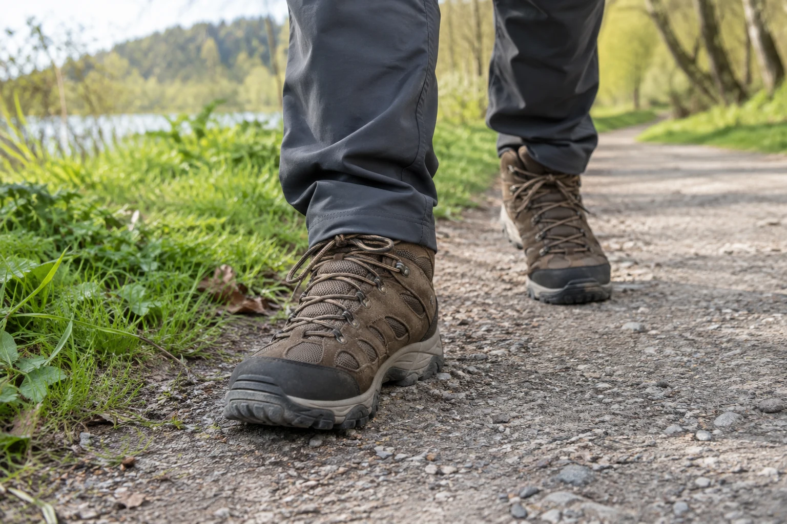 Wanderschuhe bei einem kurzen Spaziergang auf einem Parkweg.