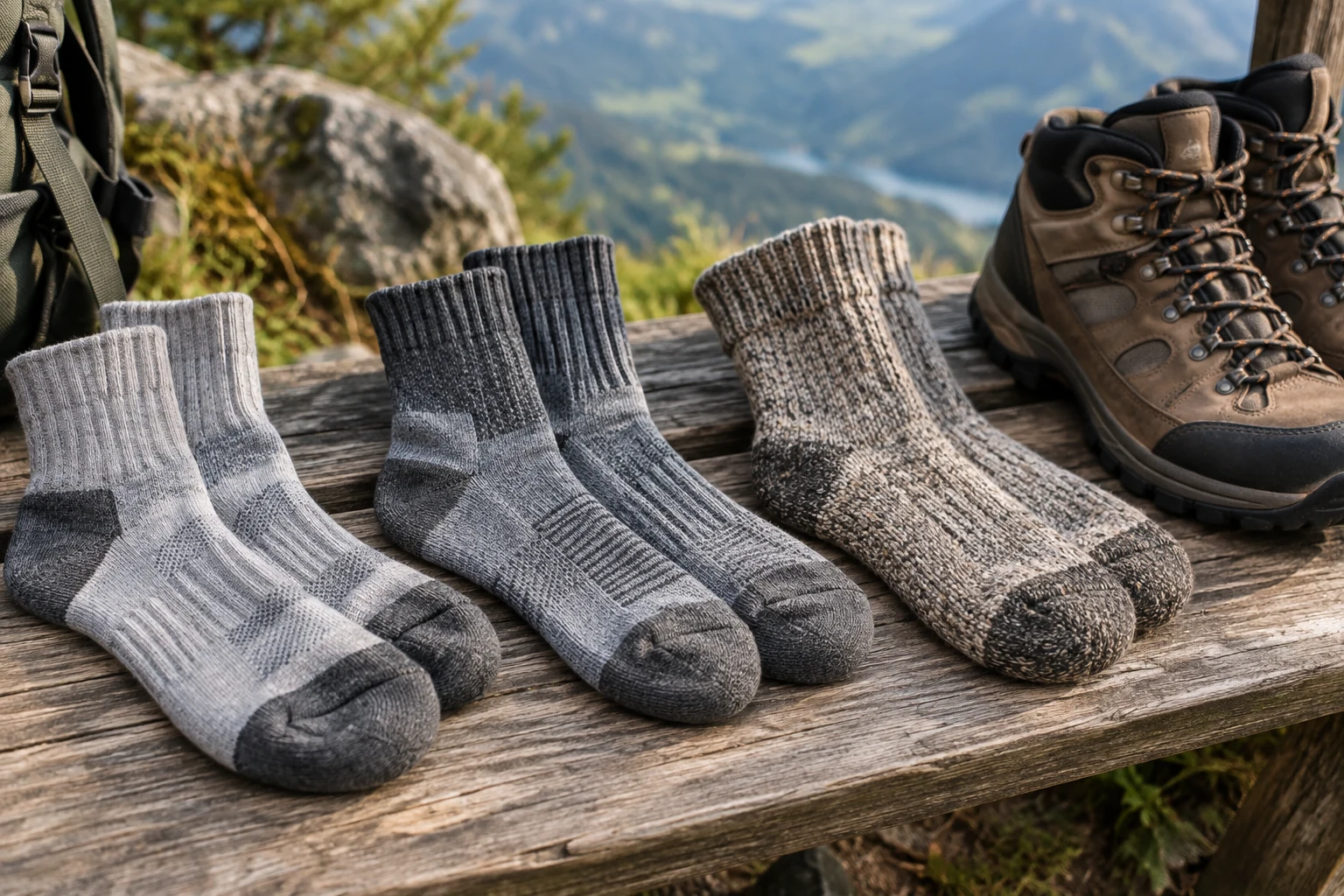 Wandersocken verschiedener Dicke neben einem Paar Schuhe.
