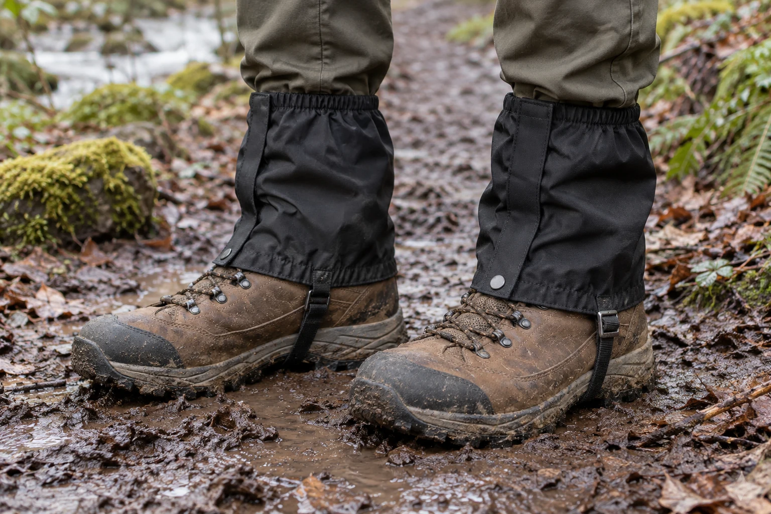 Kurze Gamaschen über Wanderschuhen auf einem schlammigen Weg.