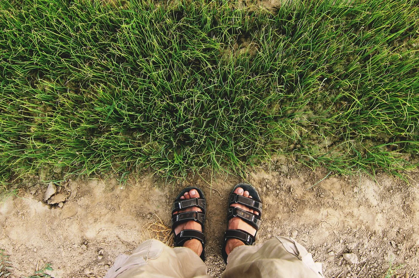 Sandalen auf einem einfachen Grasweg.