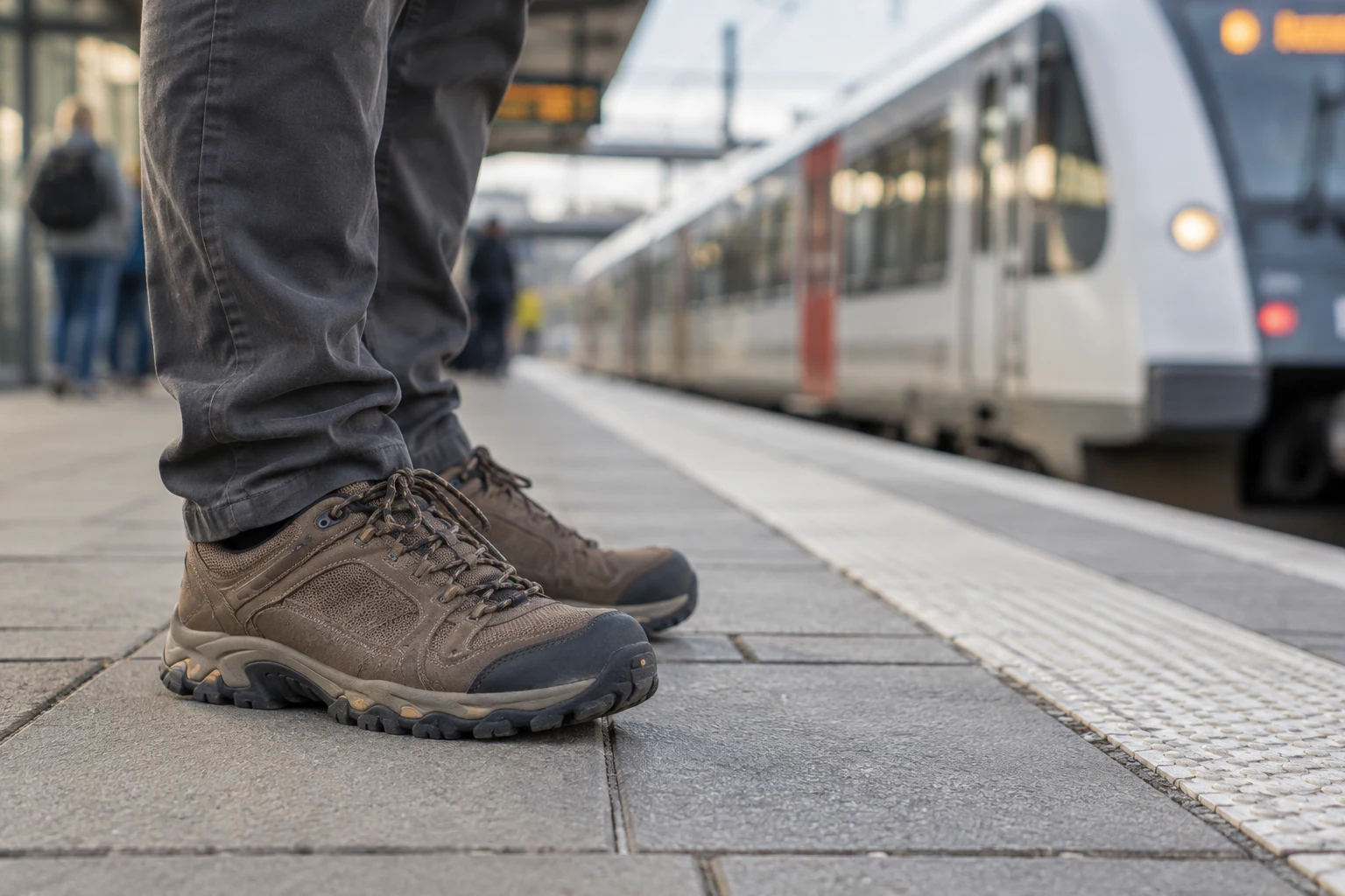 Flache Wanderschuhe auf einem Bahnhofsbahnsteig.