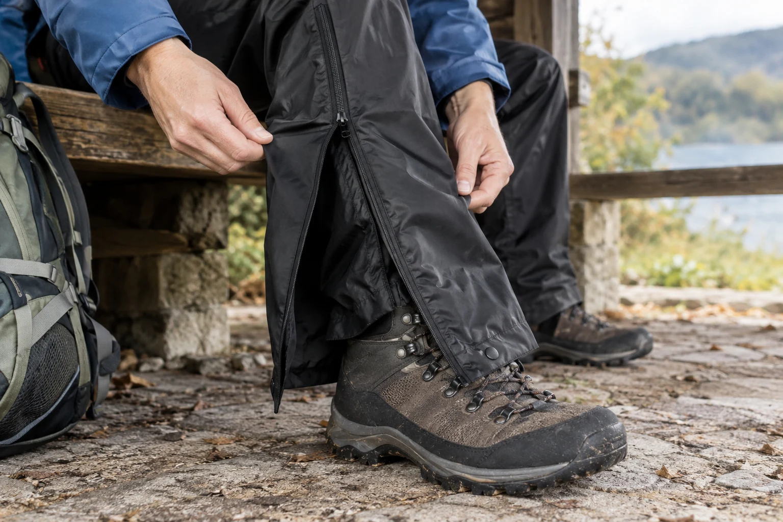 An open rain-trouser leg zip around a hiking boot.