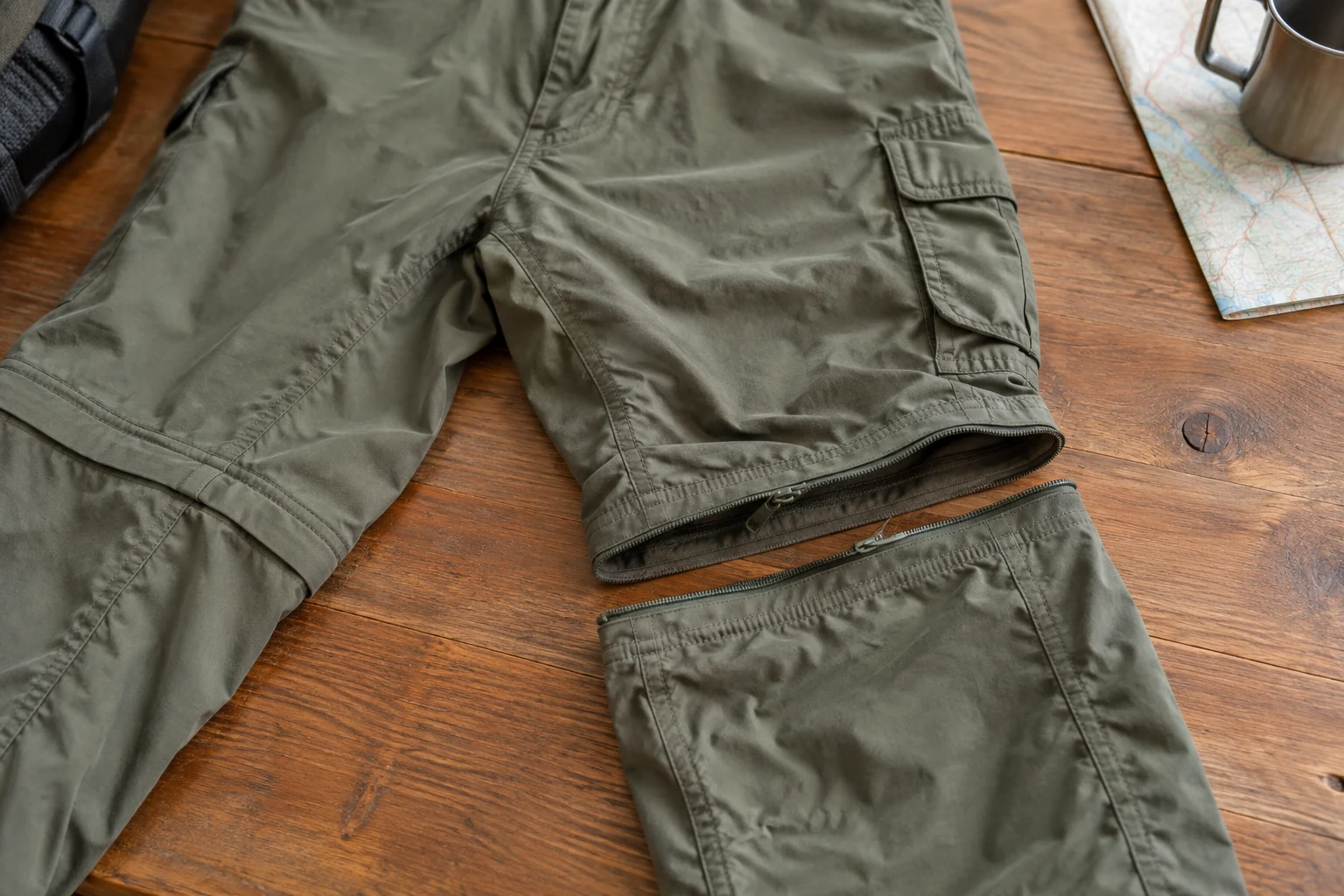 Convertible walking trousers with one lower leg detached.