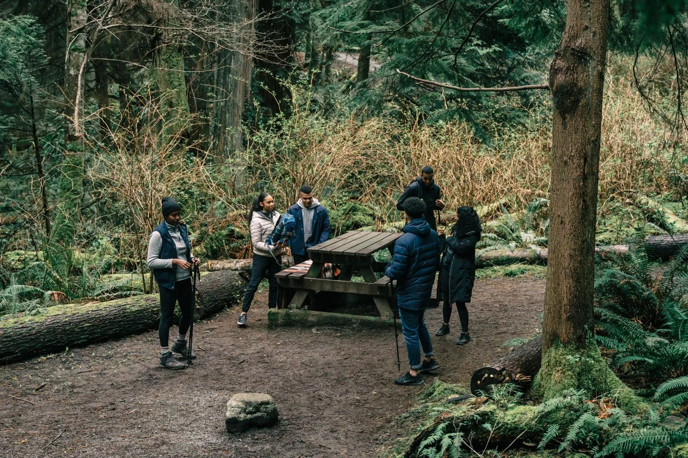 A walking group stopping at a woodland picnic table.