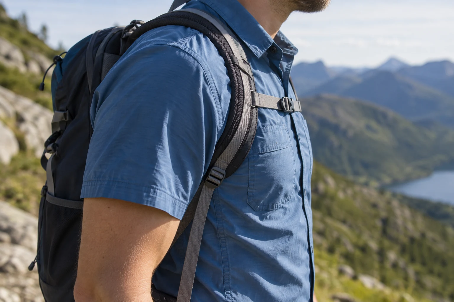 A shirt seam and pocket beneath a daypack shoulder strap.