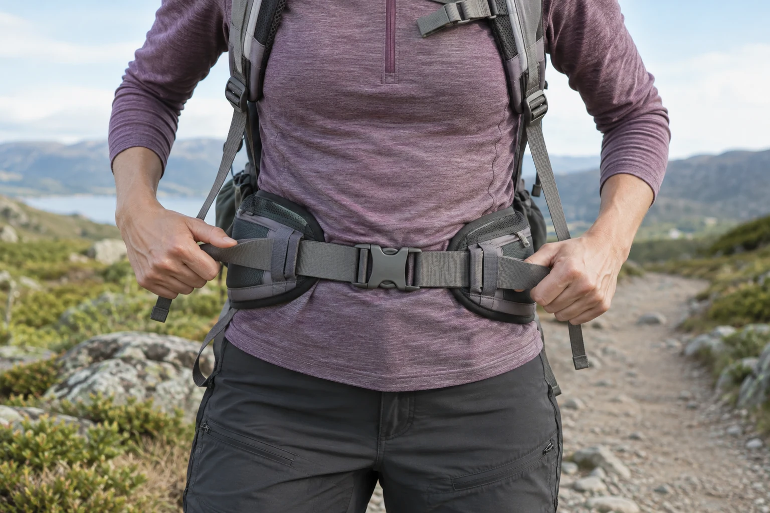 Der Hüftgurt eines Wanderrucksacks wird eingestellt.