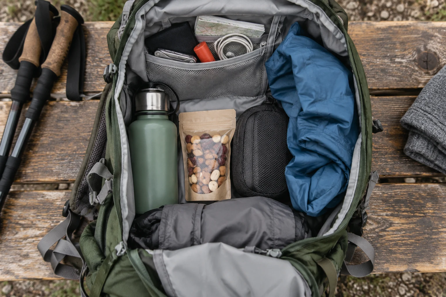 Geöffneter Tagesrucksack mit geordnetem Inhalt.