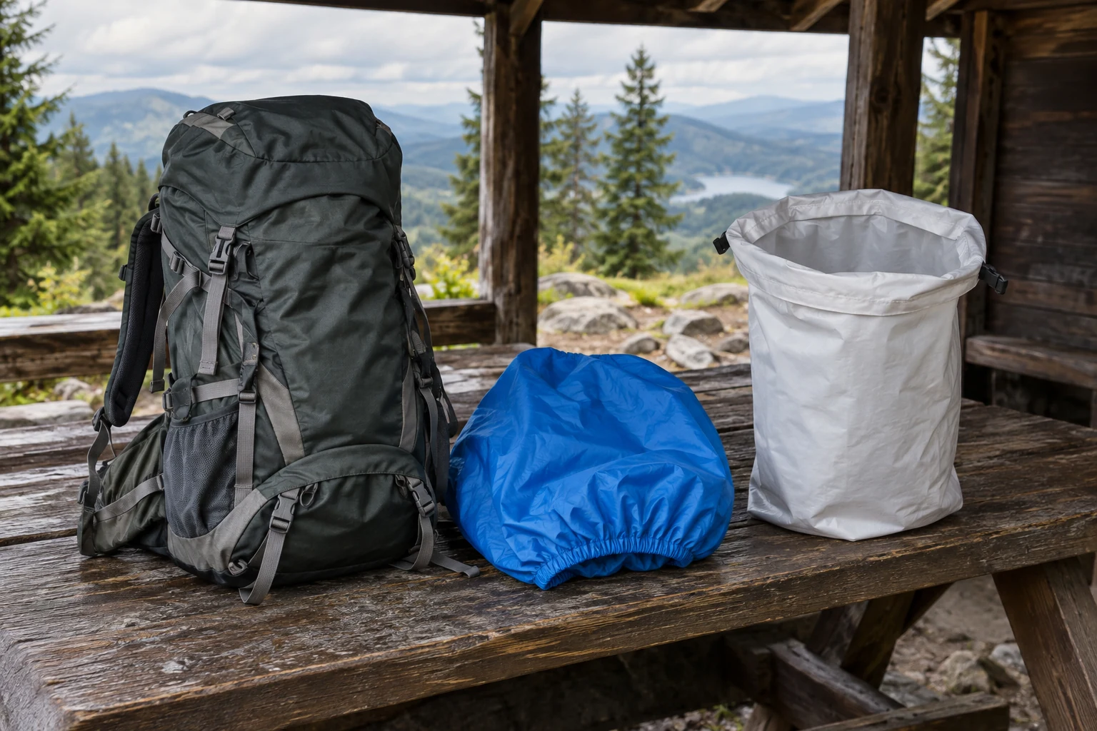 Rucksack, separate Regenhülle und innerer Packliner.