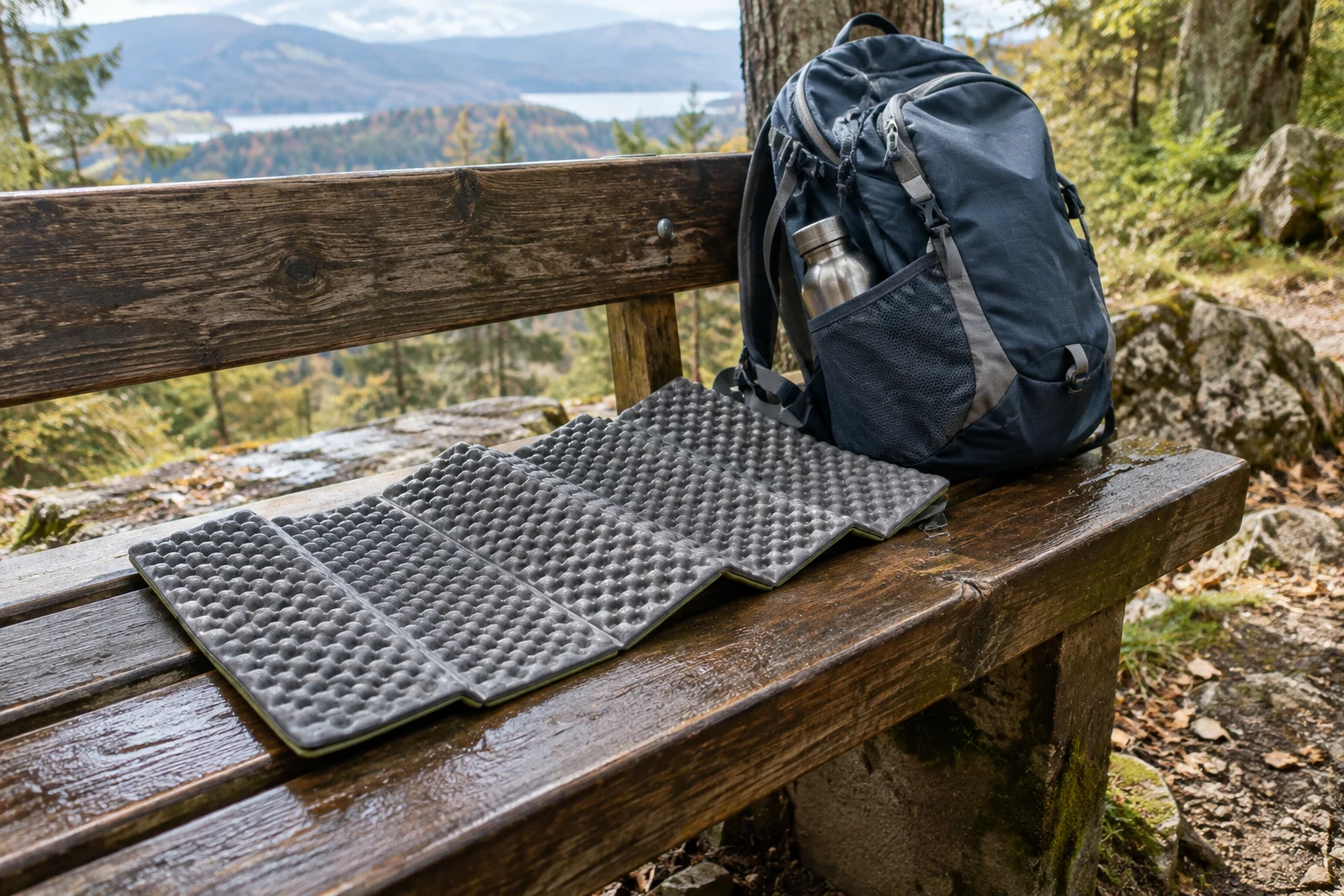 Aufgefaltetes Schaumstoff-Sitzkissen auf einer Wanderbank.