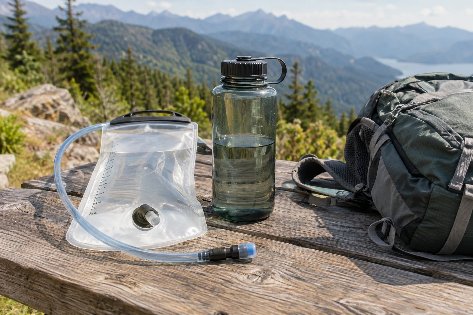 Trinkblase mit Schlauch und wiederverwendbare Trinkflasche.