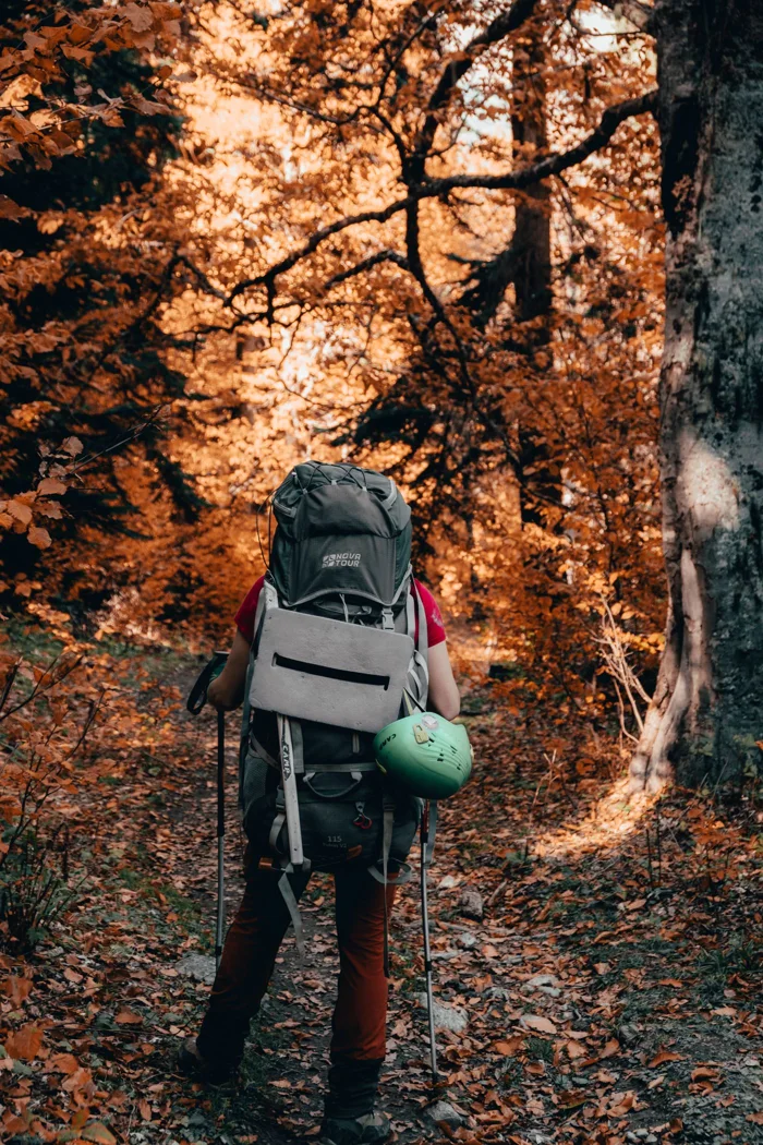 Eine wandernde Person mit Rucksack und Stöcken.