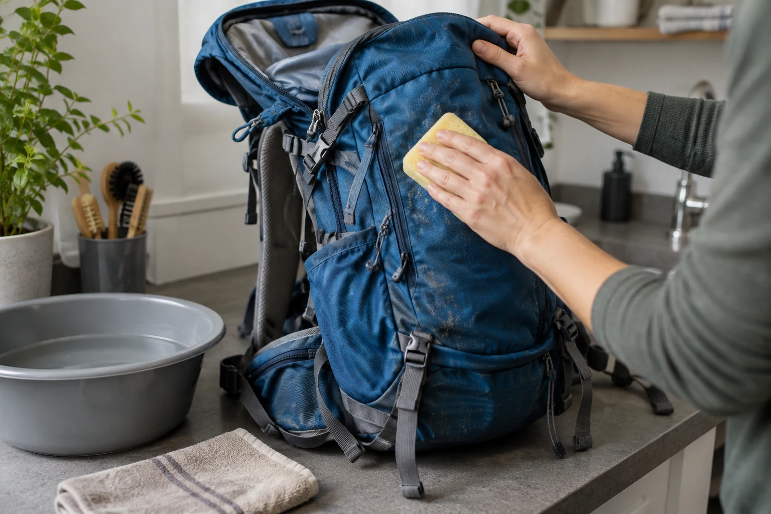 Ein leerer Rucksack wird mit einem feuchten Schwamm gereinigt.