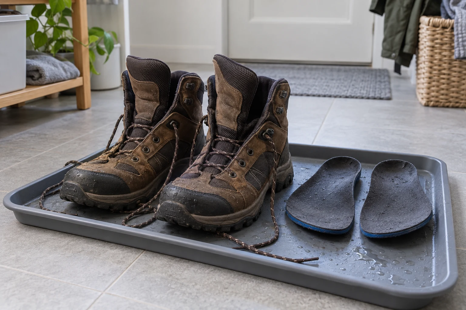 Geöffnete Wanderschuhe mit herausgenommenen Einlegesohlen beim Trocknen.