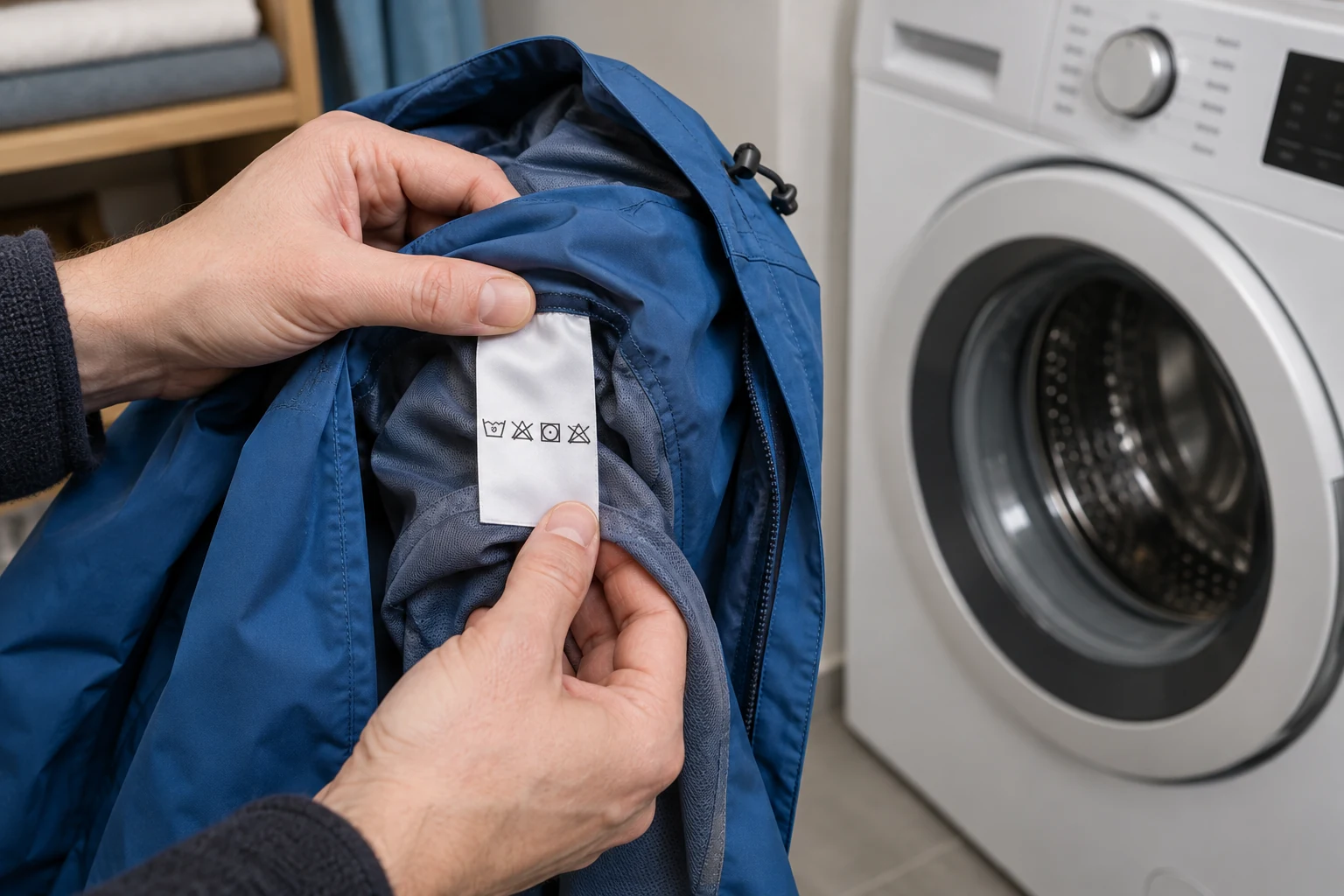 Pflegeetikett einer Regenjacke neben einer Waschmaschine.