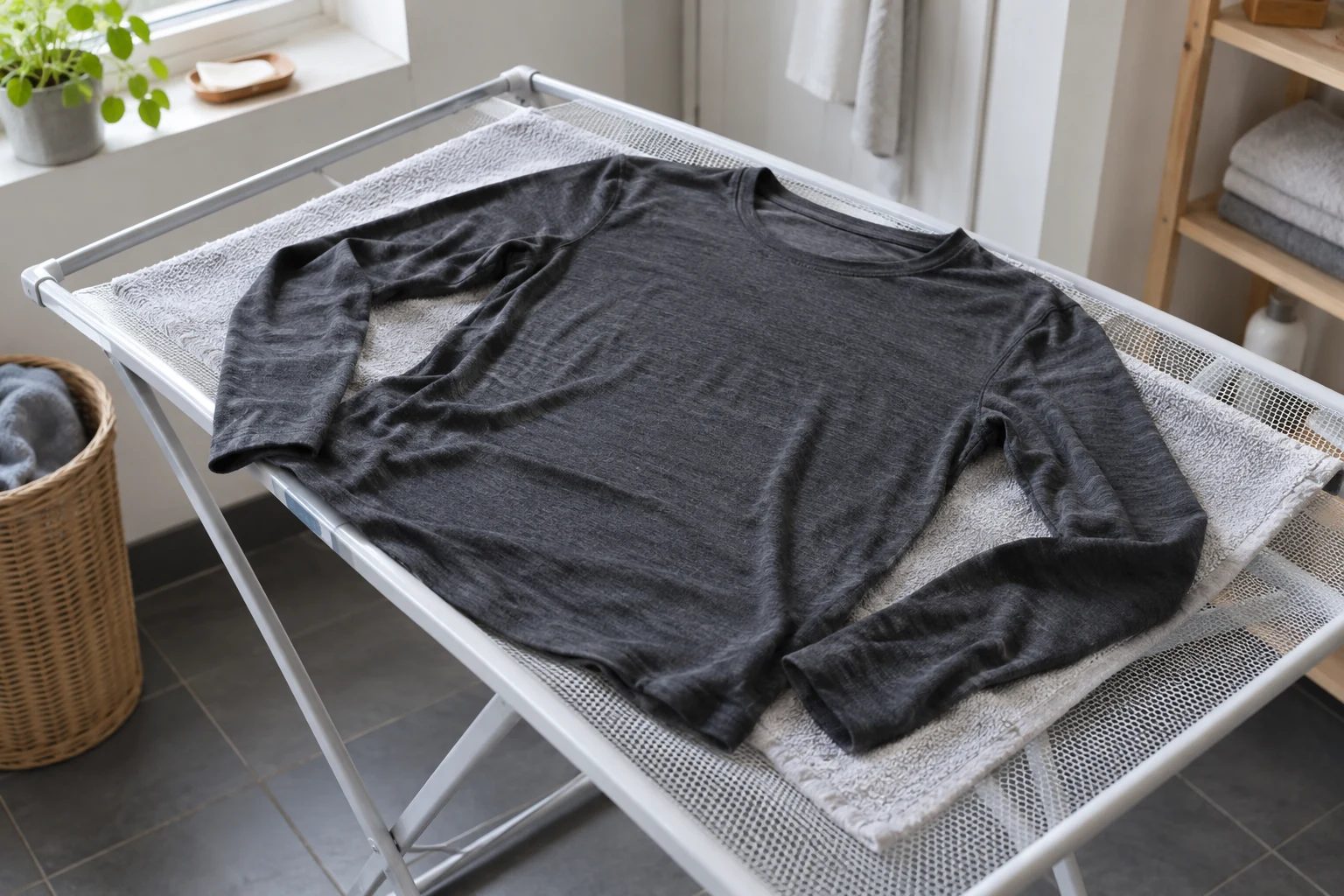 Ein Woll-Baselayer trocknet flach auf einem Wäscheständer.