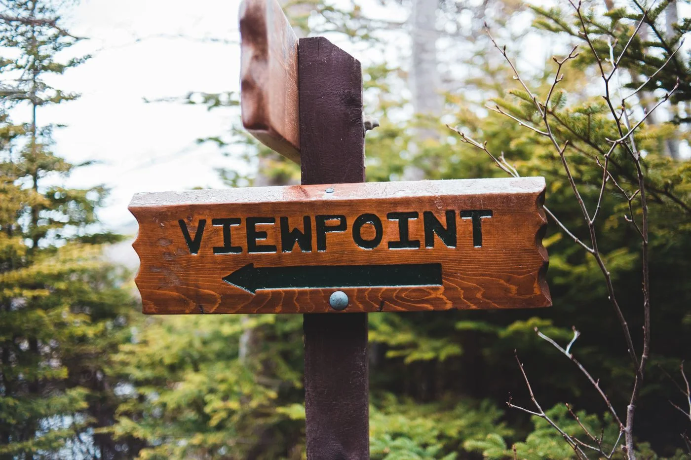 A wooden waymark in a forest.