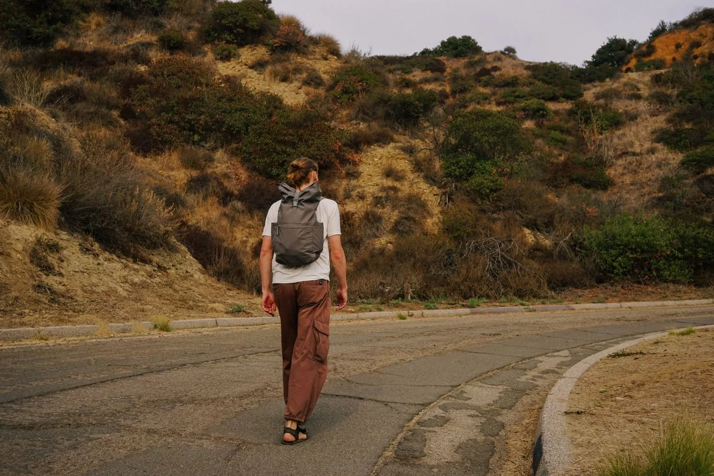 A walker on a path through hilly terrain.