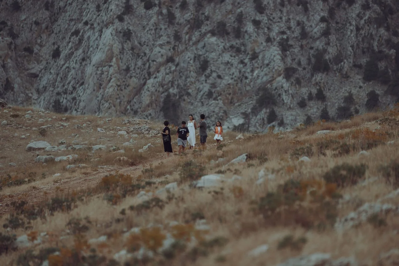 A small group walking along an open trail.